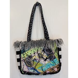 Quilted Patchwork Tote Purse Bag Boho Mixed Media Fringe Pikake Design Embelish